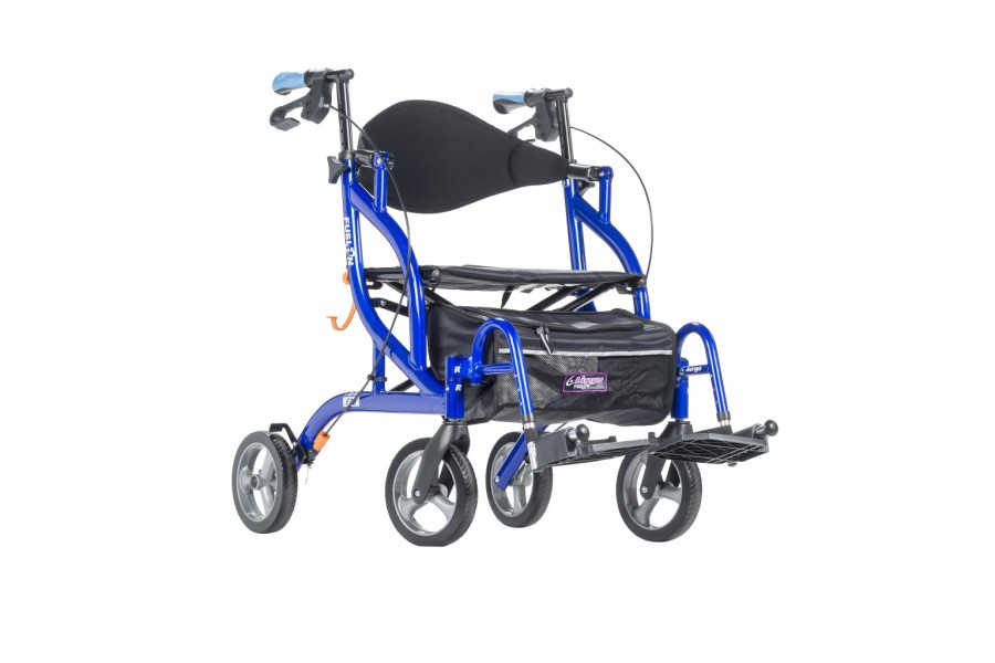 The lightweight side-folding rollator and transport chair in one designFolds sideways easily by just..