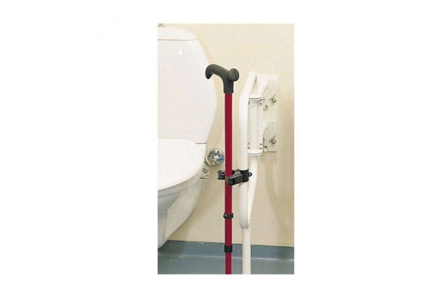 This holder attaches to a round tube, such as on a walker or wheelchair, the cane or crutch is pushe..