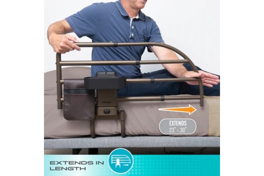 Extendable length for full fall protection at nightCurved support handle helps get in and out of bed..