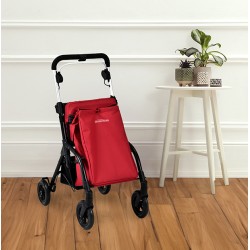 A shopping rollator with large storage bag, and front swivel wheel, provides light-weight, simplicit..