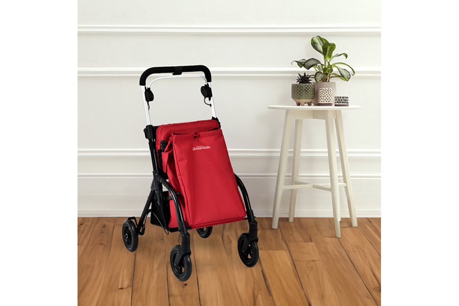 A shopping rollator with large storage bag, and front swivel wheel, provides light-weight, simplicit..