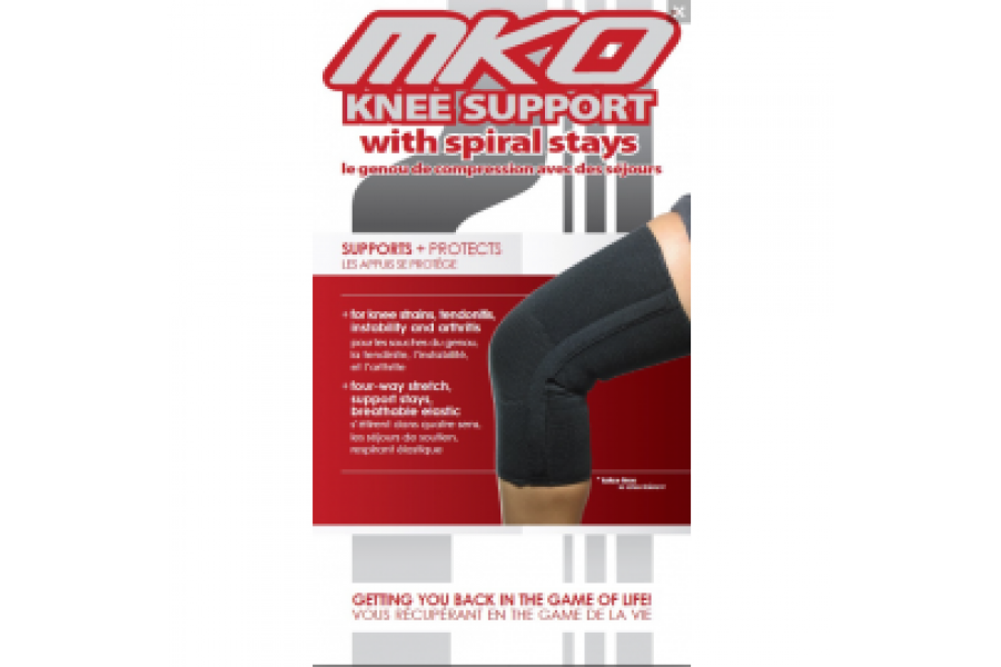 The MKO Knee Support with Spiral Stays is indicated for knee strains, tendonitis, instability, and a..